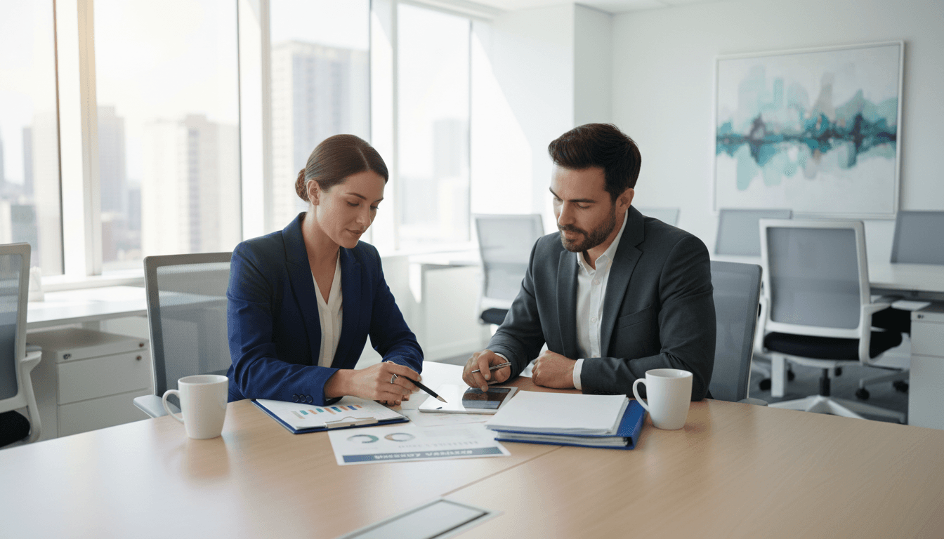 Consultant reviewing documents with a client in a modern office